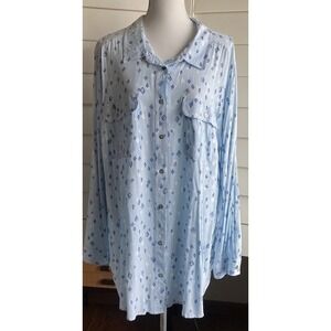 Woman Within 2X Southwestern Aztec Print Button Rayon Shirt Blouse Blue Roll Tab